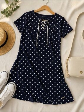 Tommy Hilfiger Polka Dot Dress Navy White Lace Up Neck Short Sleeve Size M